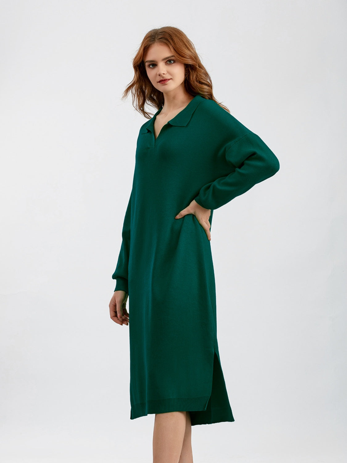 swvws Johnny Collar Long Sleeve Slit Sweater Dress