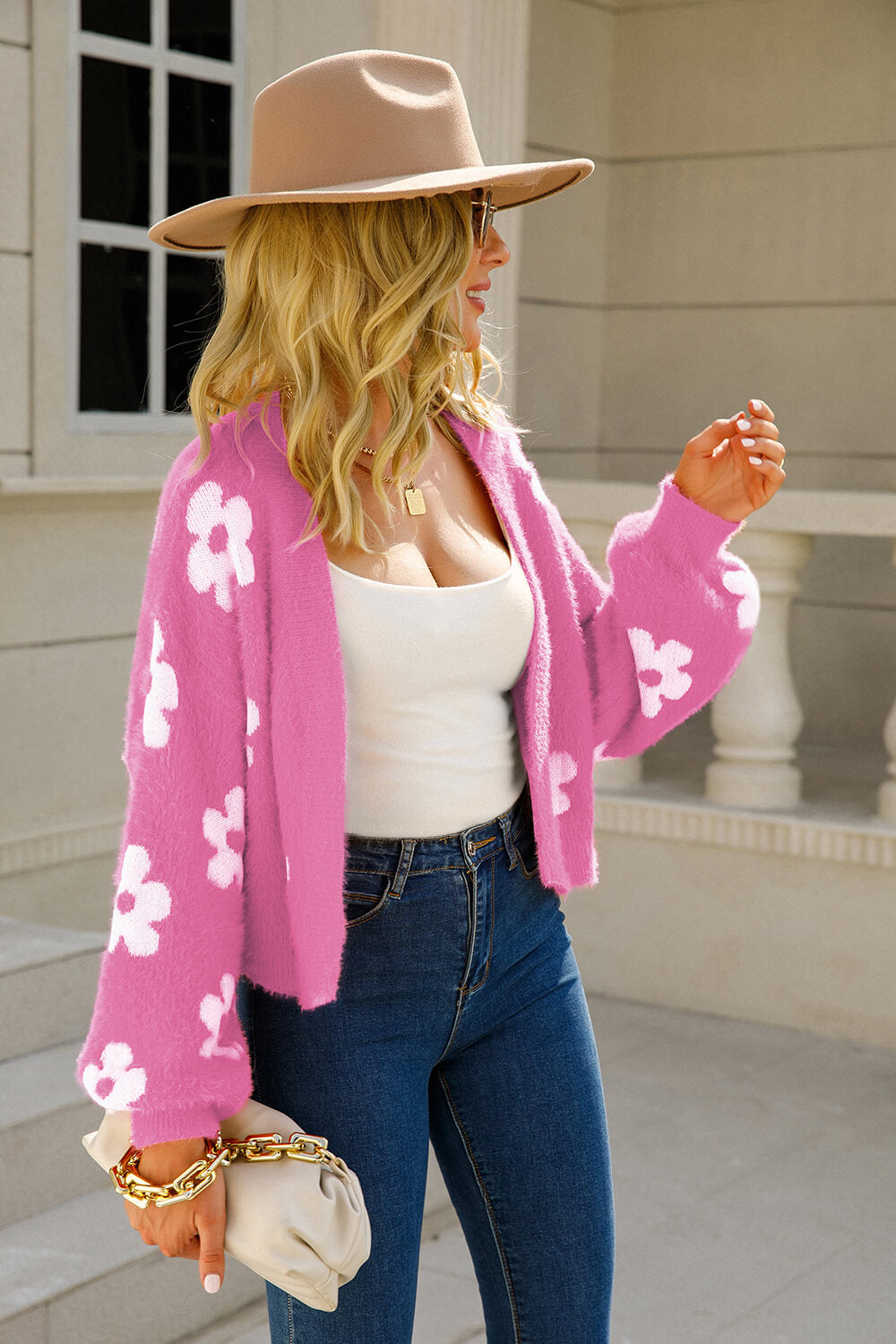 swvws Floral Open Front Fuzzy Cardigan