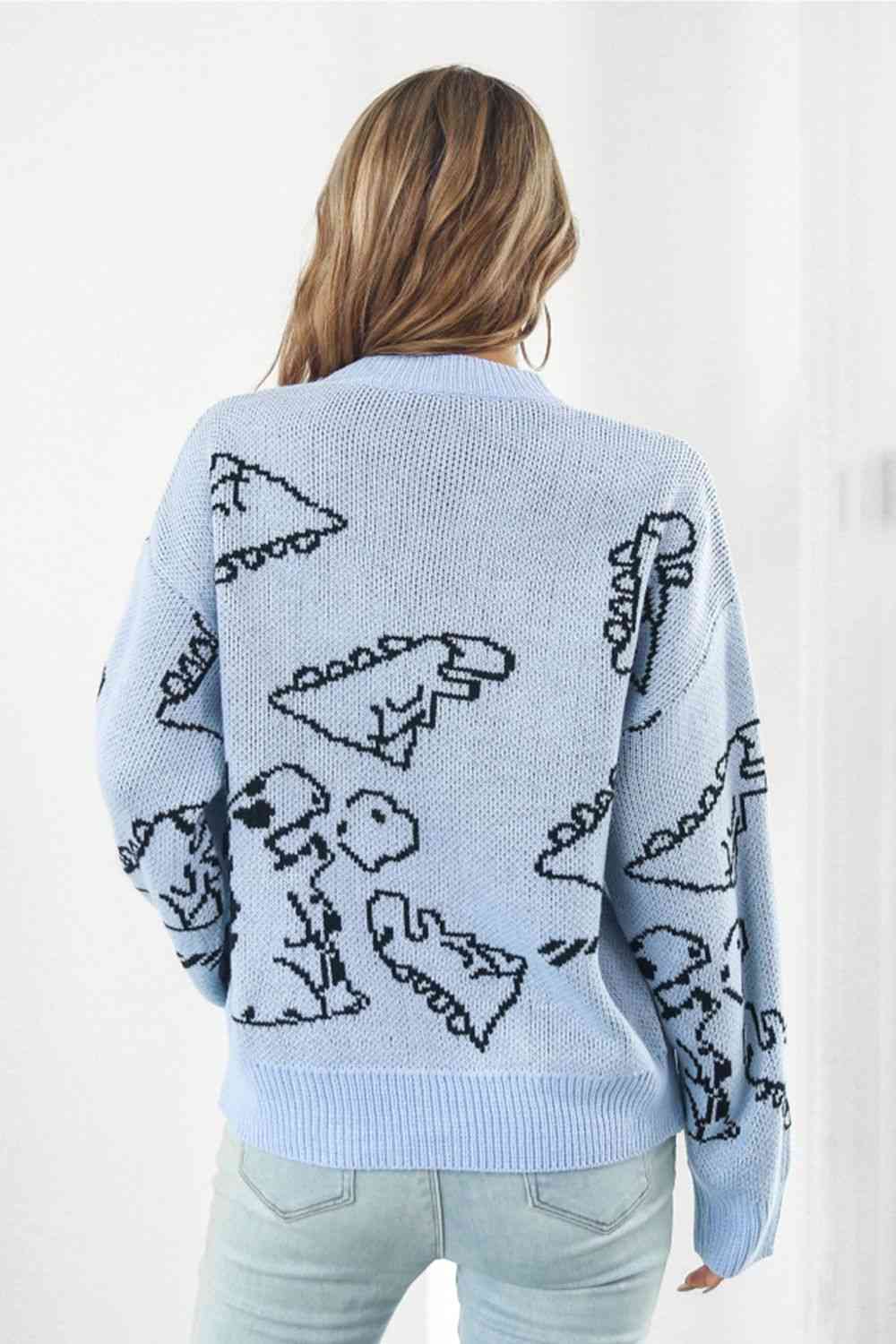 swvws Dinosaur Pattern Round Neck Sweater