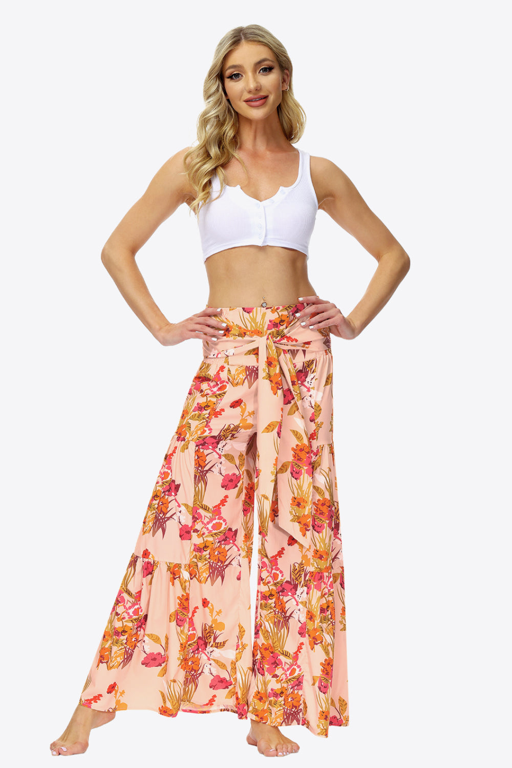 swvws Floral Tie-Waist Tiered Culottes