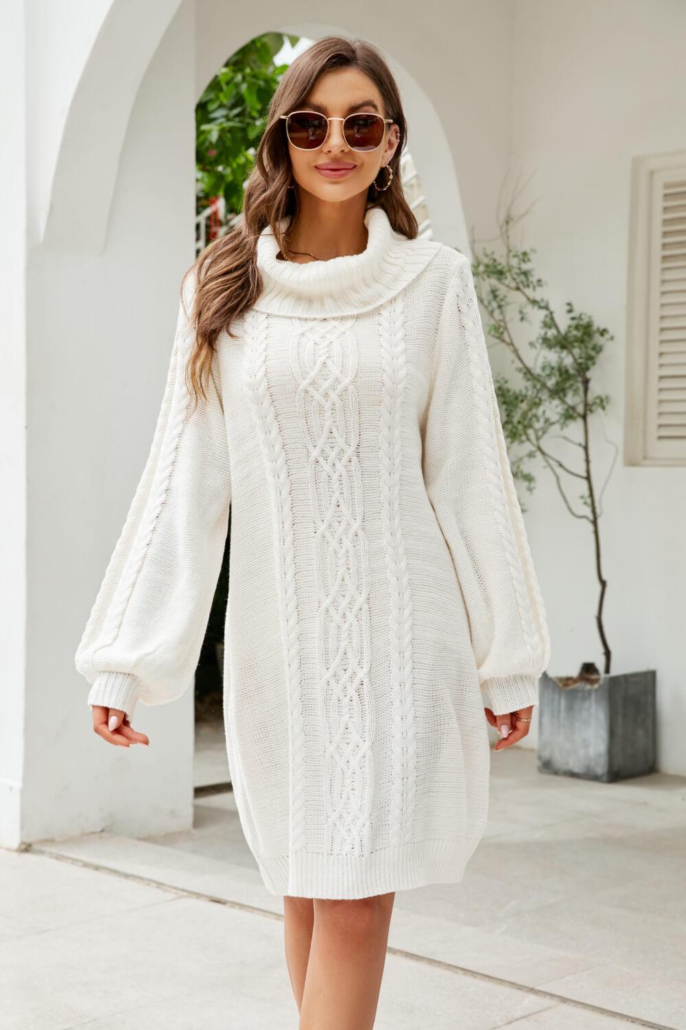 swvws Mixed Knit Turtleneck Lantern Sleeve Sweater Dress