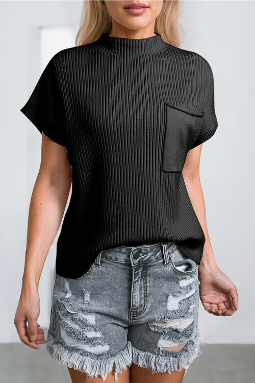 swvws Ribbed Mock Neck Short Sleeve Knit Top