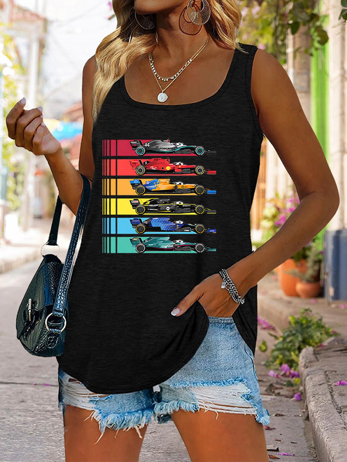 swvws Scoop Neck Race Car Graphic Tank Top