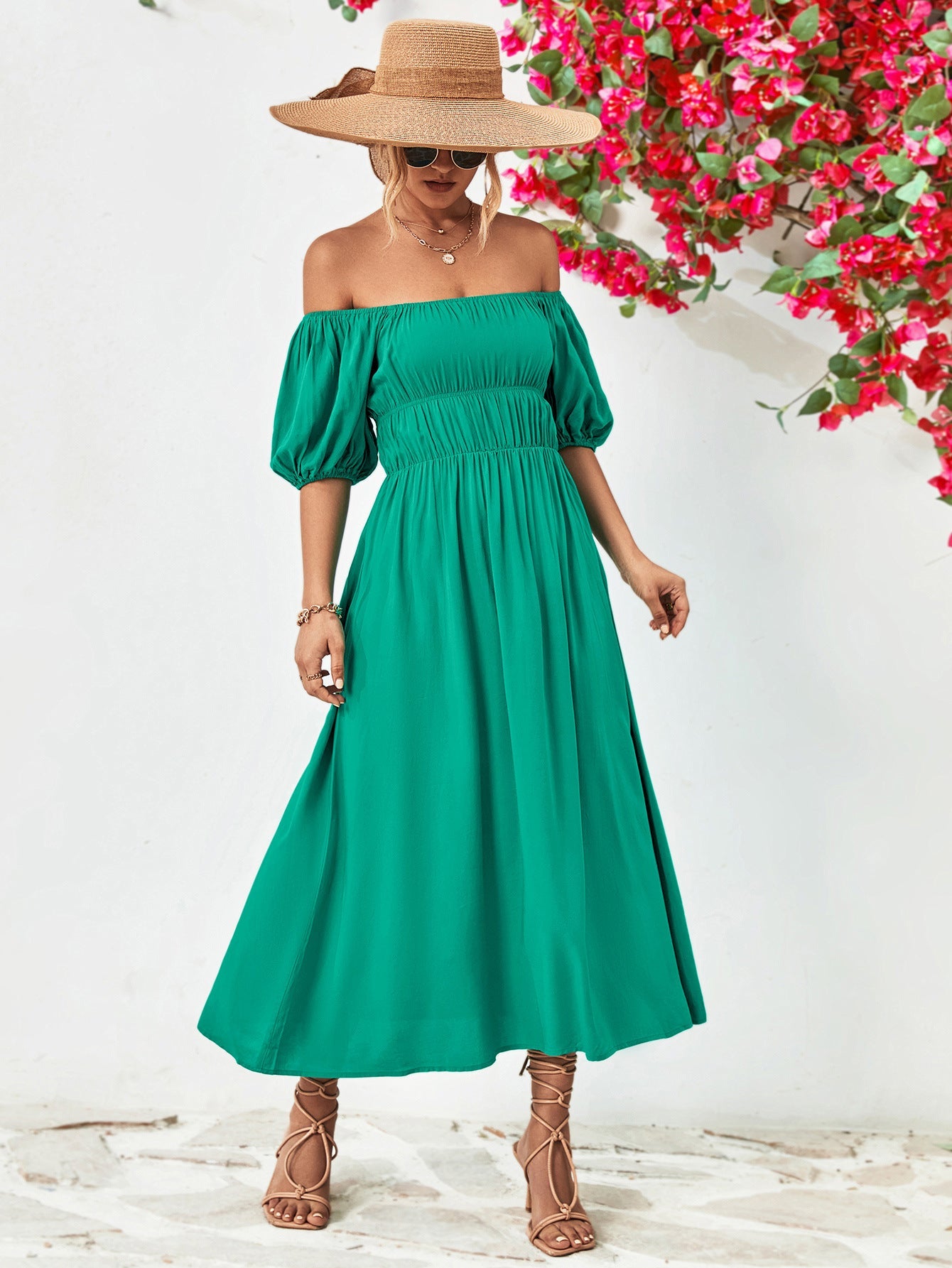 swvws Off-Shoulder Balloon Sleeve Midi Dress