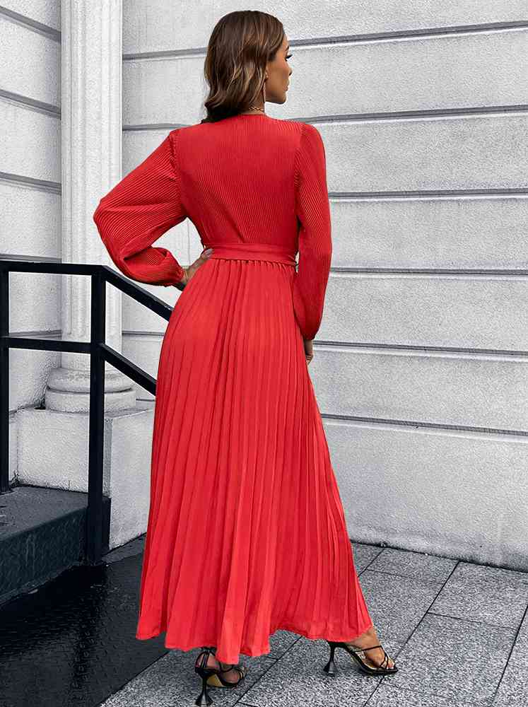 swvws V-Neck Tie Waist Pleated Maxi Dress