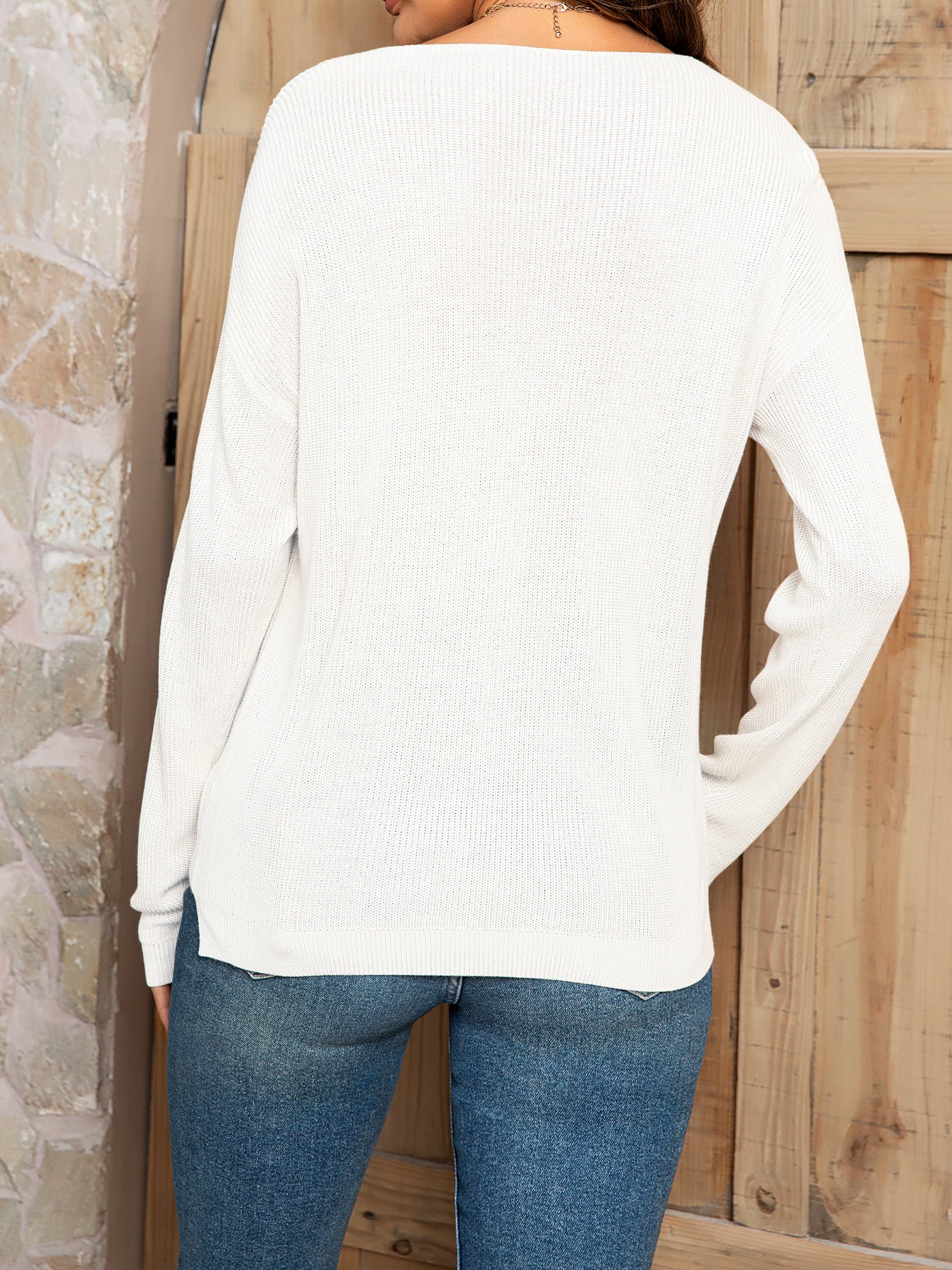 swvws V-Neck Long Sleeve Knit Top with Pocket