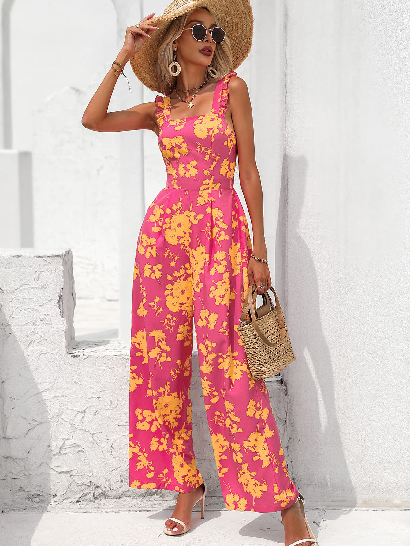 swvws Floral Square Neck Cutout Tie Back Jumpsuit