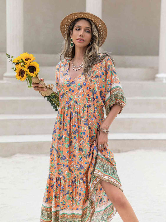 swvws Printed V-Neck Short Sleeve Maxi Dress