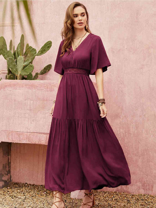 swvws Openwork V-Neck Flare Sleeve Ruched Dress