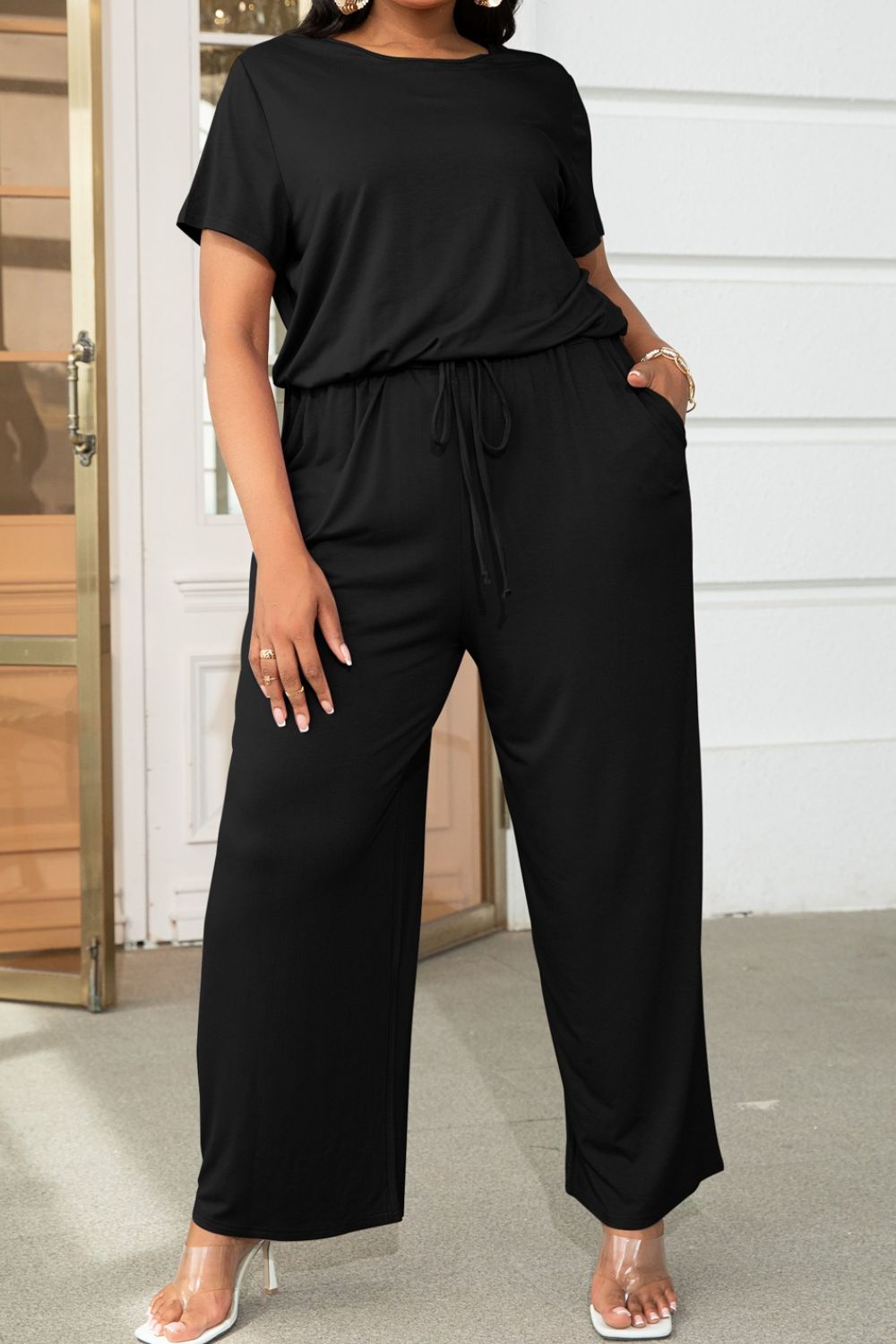 swvws Plus Size Drawstring Waist Short Sleeve Jumpsuit