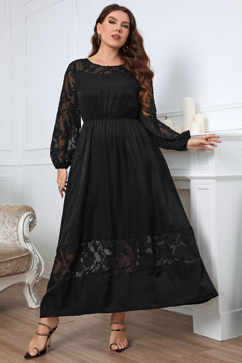 swvws Melo Apparel Plus Size Embroidery Round Neck Long Sleeve Maxi Dress