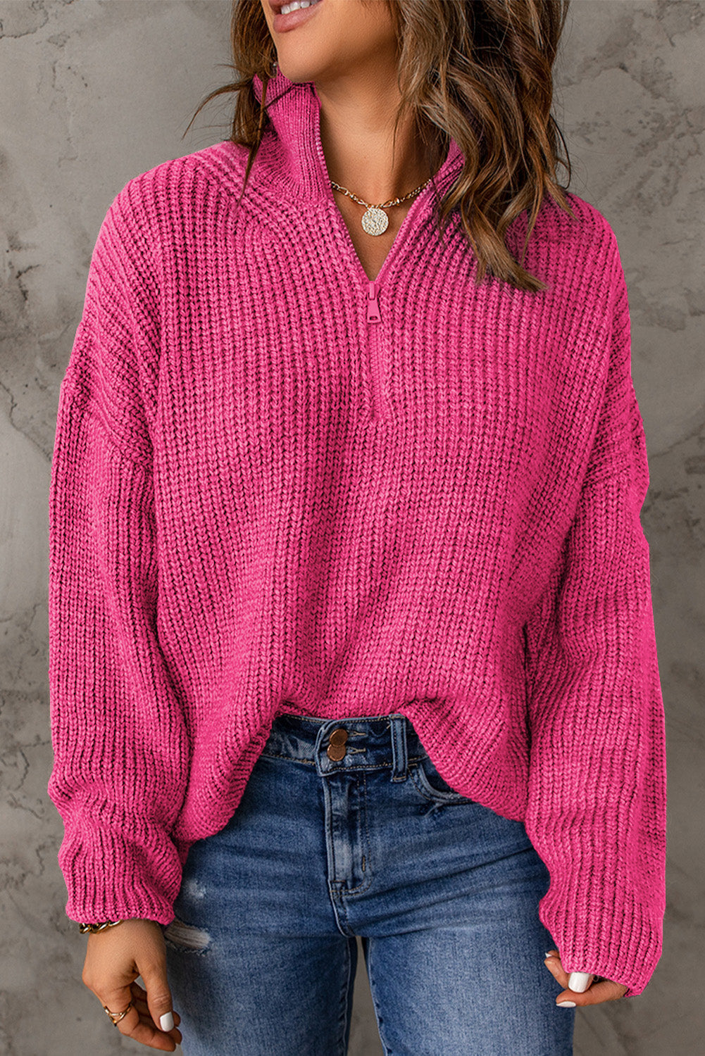 swvws Half Zip Rib-Knit Dropped Shoulder Sweater