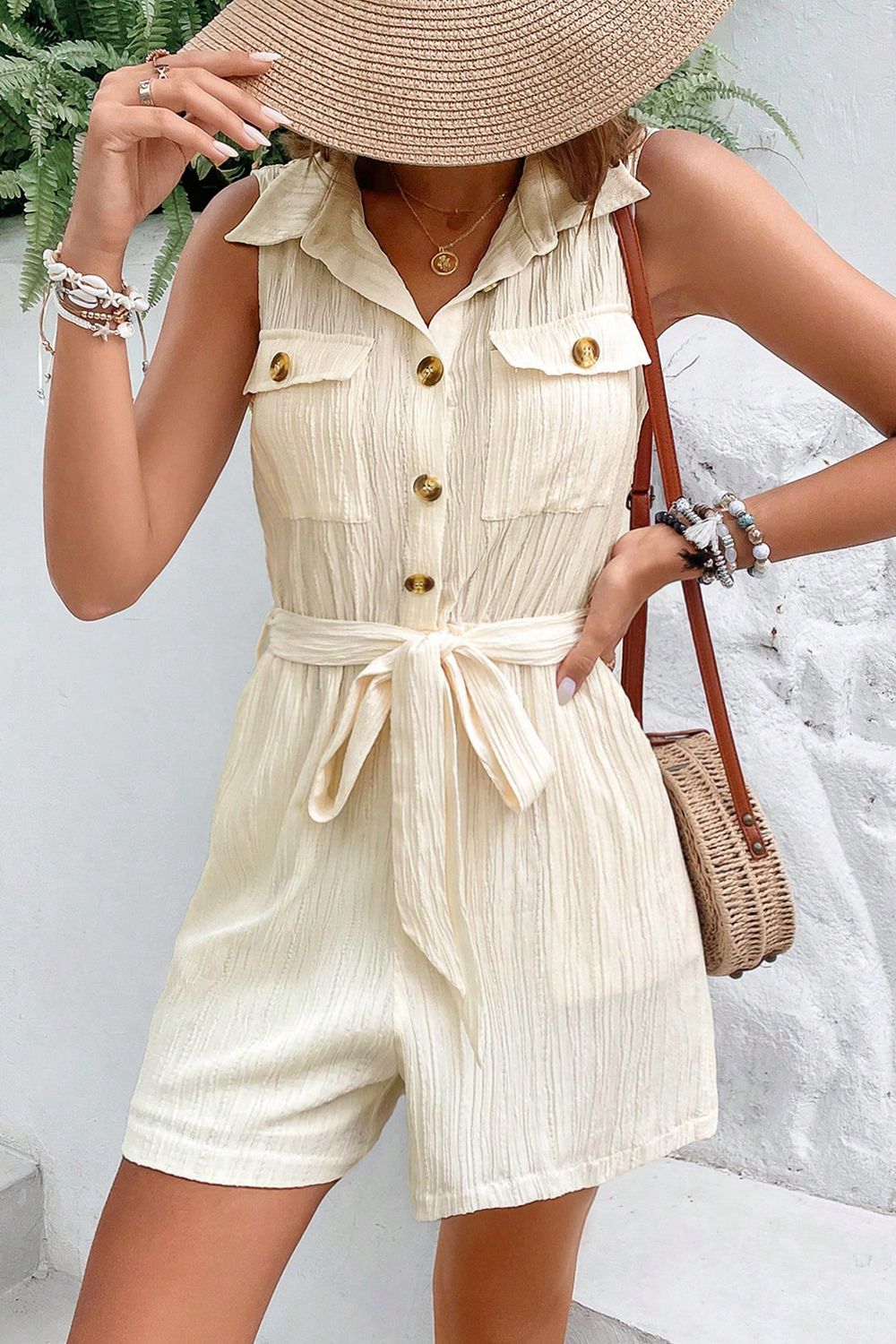 swvws Collared Neck Buttoned Tie Waist Sleeveless Romper