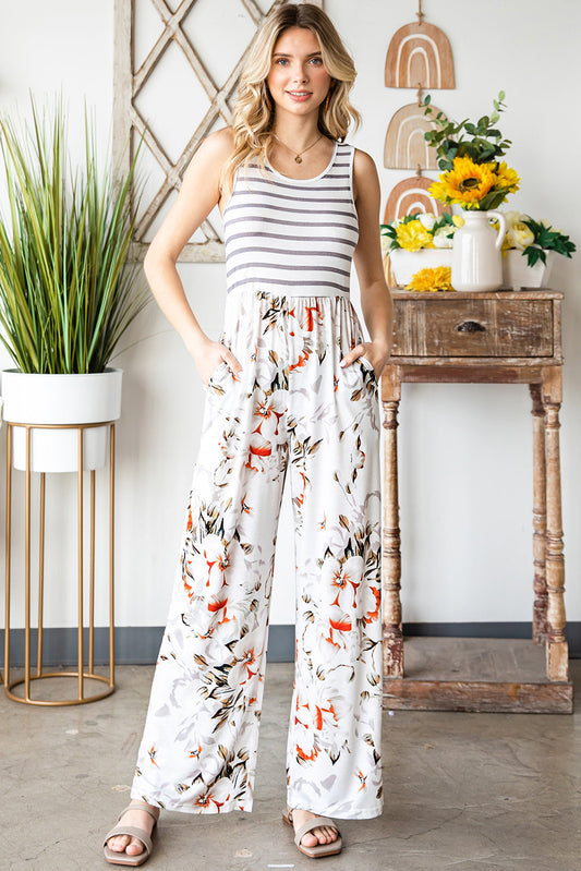 swvws Striped Floral Sleeveless Wide Leg Jumpsuit with Pockets