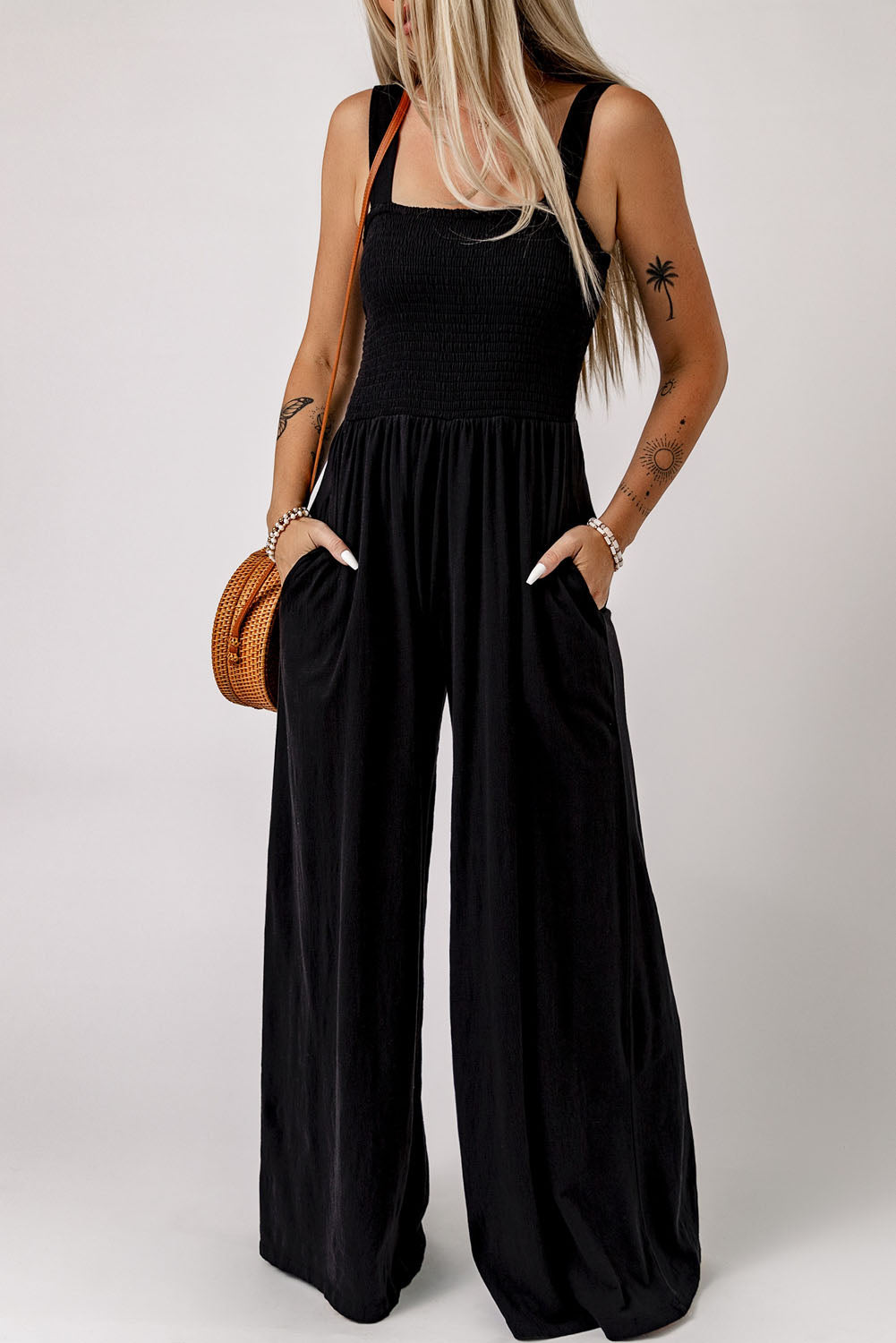 swvws Smocked Square Neck Wide Leg Jumpsuit with Pockets