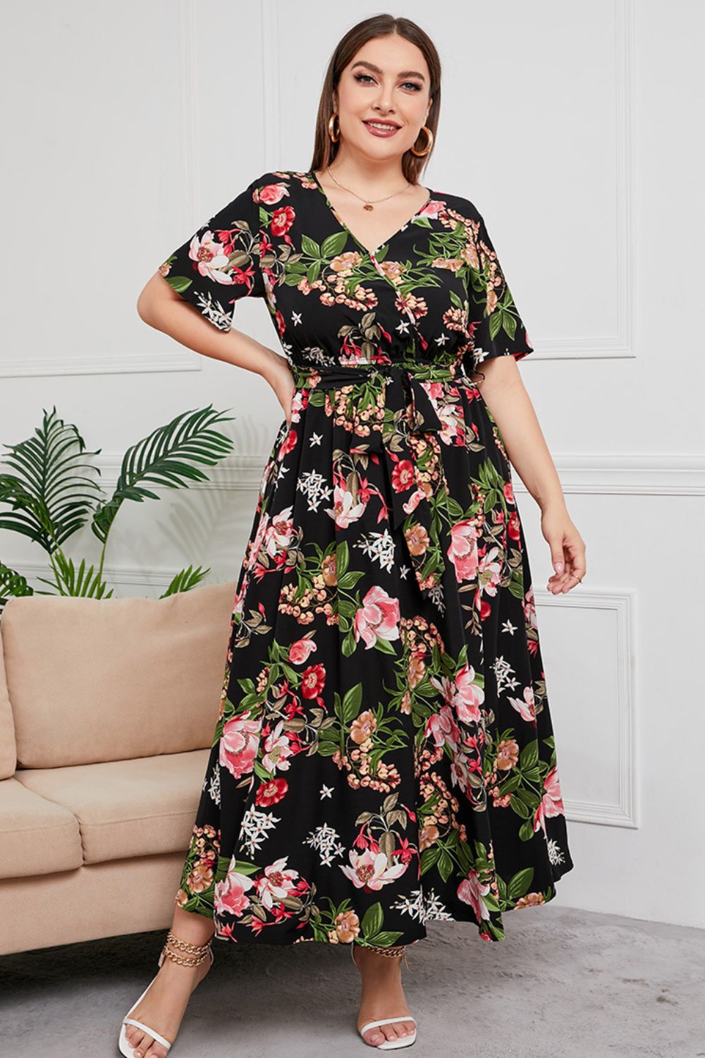 swvws Plus Size Printed Surplice Short Sleeve Maxi Dress