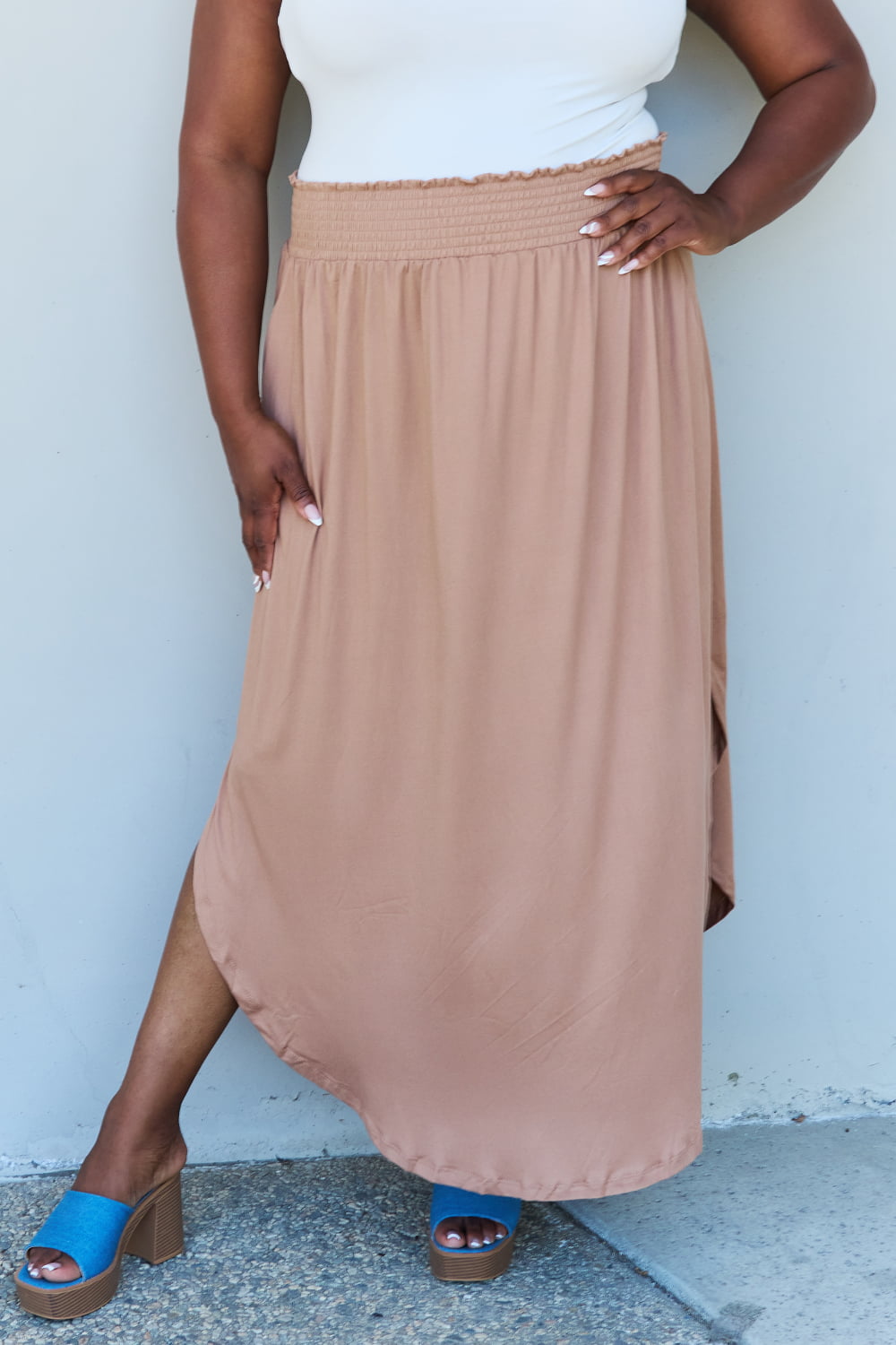 themeisles Doublju Comfort Princess Full Size High Waist Scoop Hem Maxi Skirt in Tan