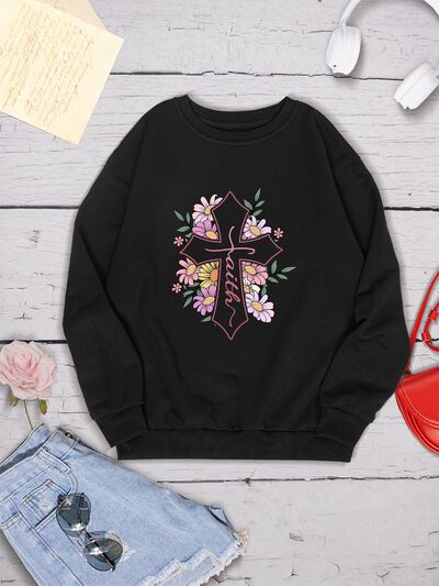 swvws Cross Graphic Round Neck Dropped Shoulder Sweatshirt