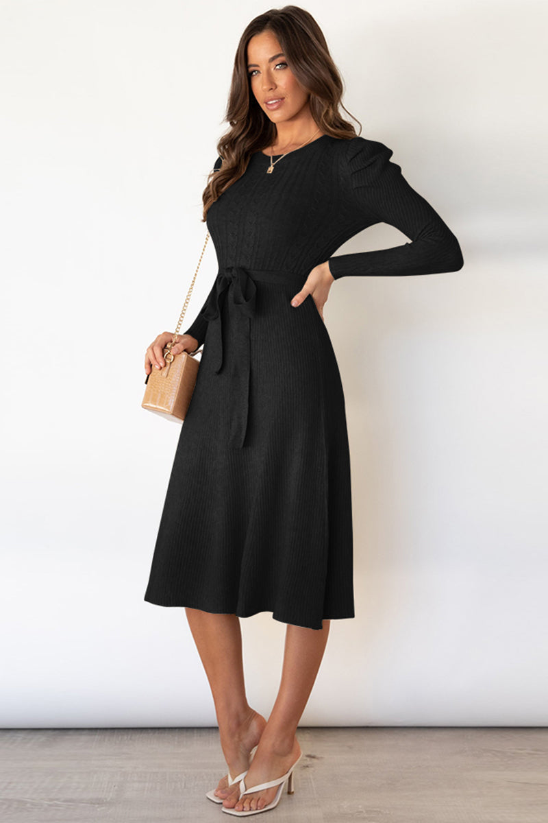 swvws Round Neck Long Sleeve Tie Waist Sweater Dress