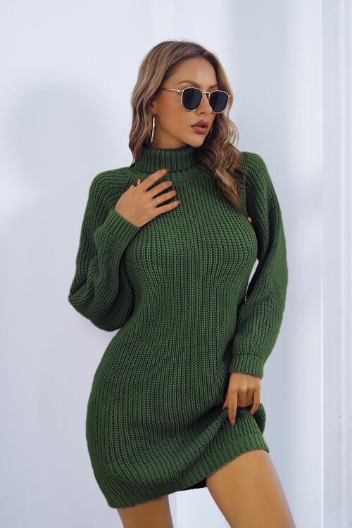 swvws Buttoned Turtleneck Long Sleeve Sweater Dress