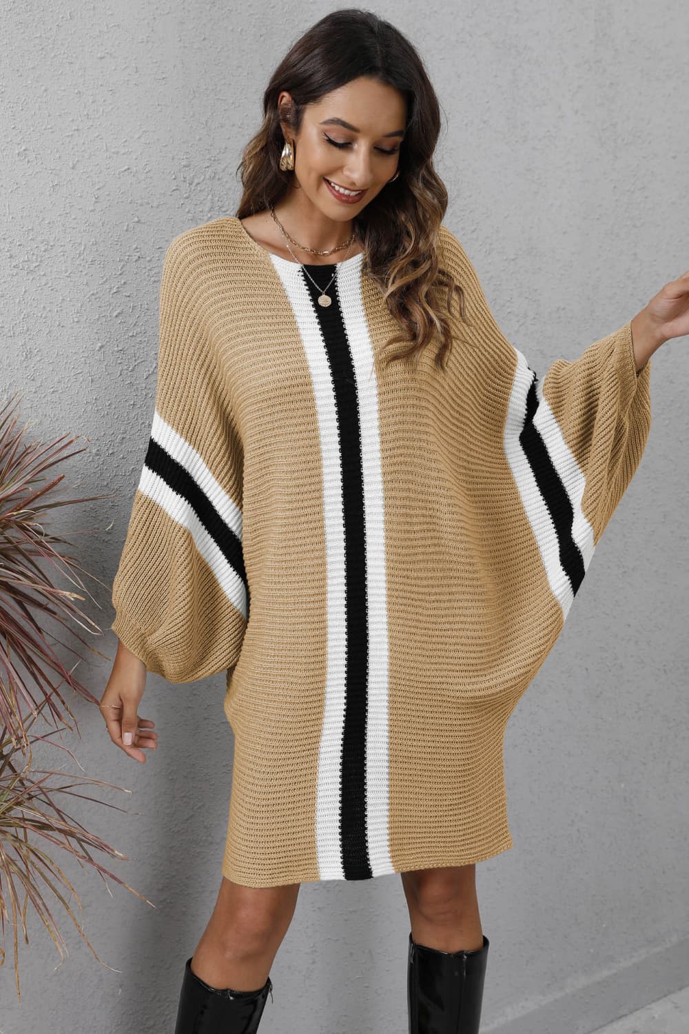 swvws Ribbed Round Neck Long Sleeve Sweater Dress