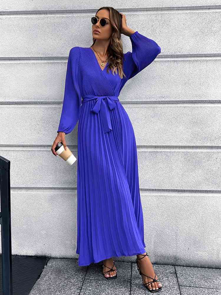 swvws V-Neck Tie Waist Pleated Maxi Dress