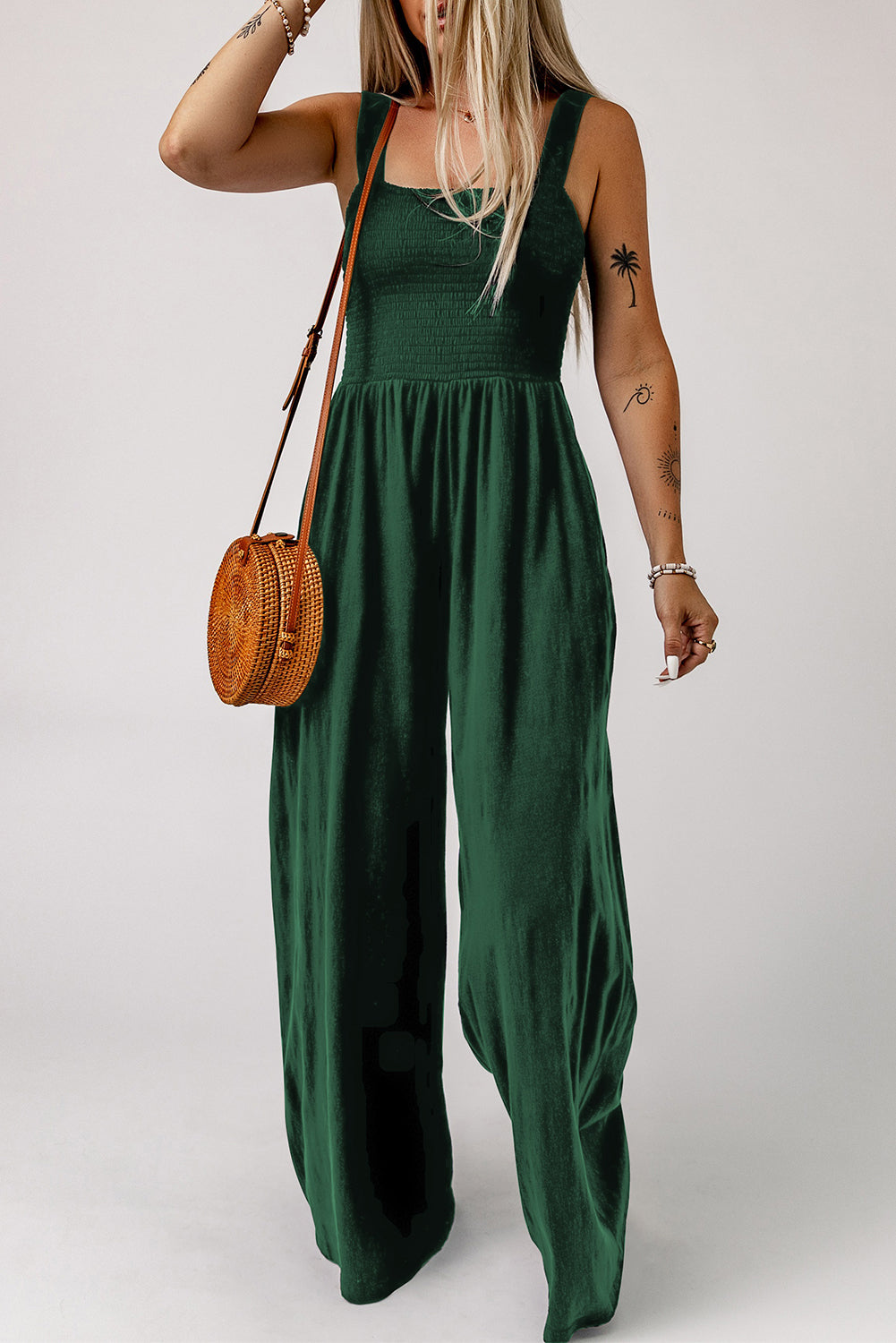 swvws Smocked Square Neck Wide Leg Jumpsuit with Pockets