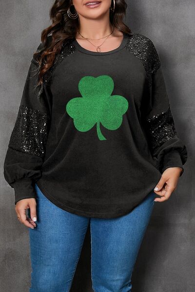 swvws Plus Size Lucky Clover Sequin Round Neck Blouse