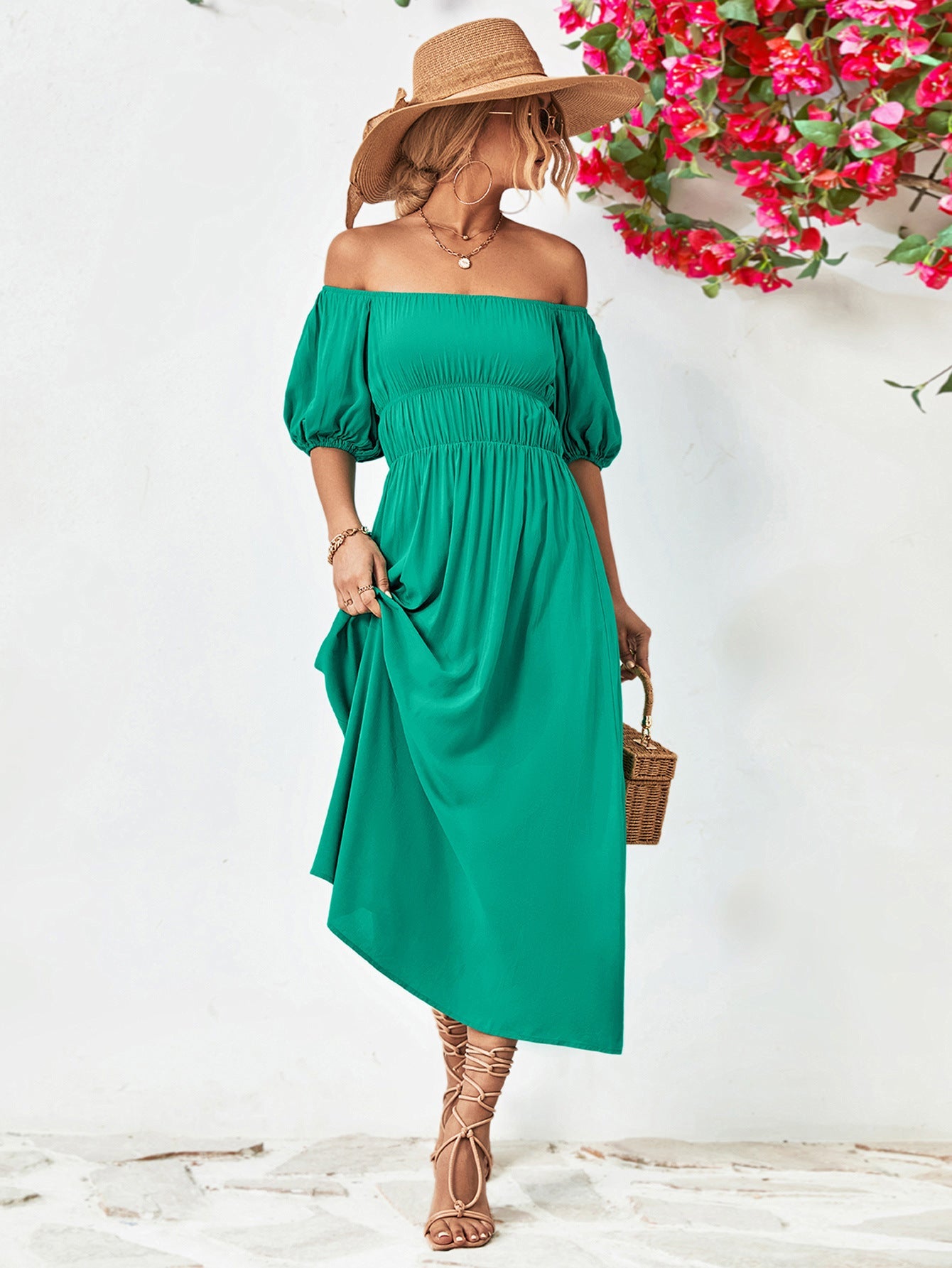 swvws Off-Shoulder Balloon Sleeve Midi Dress