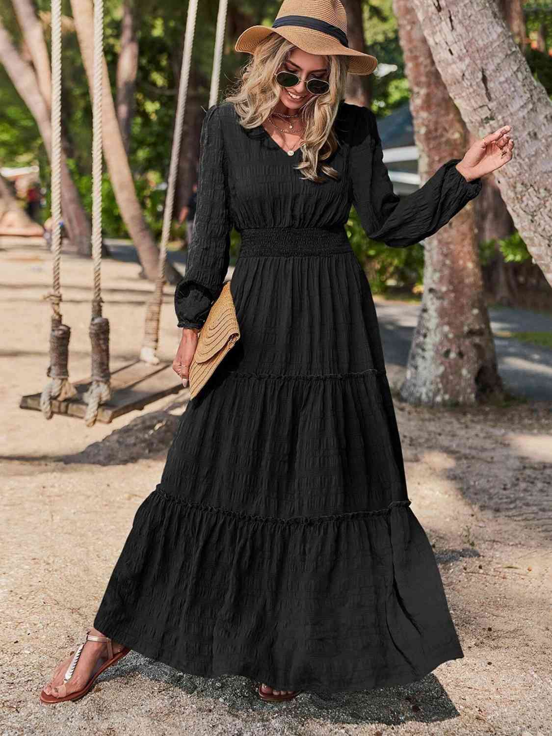 swvws Smocked Waist V-Neck Maxi Dress