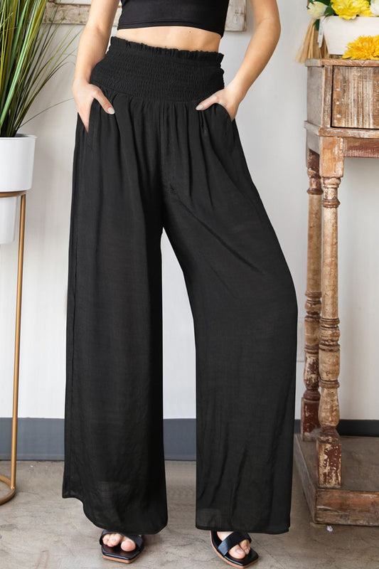 swvws Smocked Waist Wide Leg Pants with Pockets