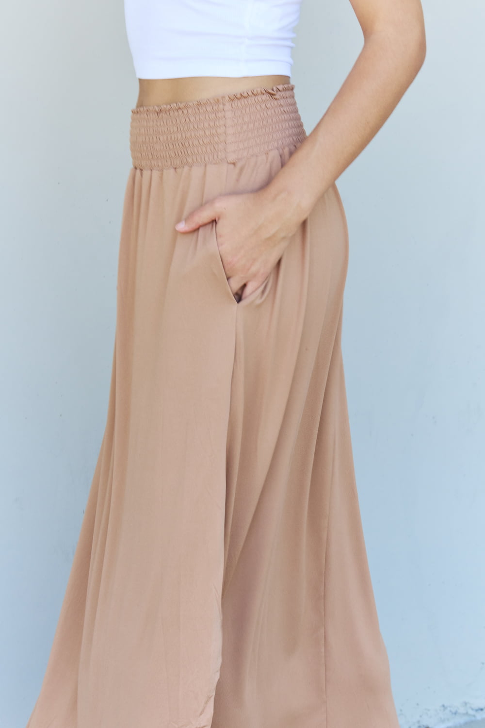 themeisles Doublju Comfort Princess Full Size High Waist Scoop Hem Maxi Skirt in Tan