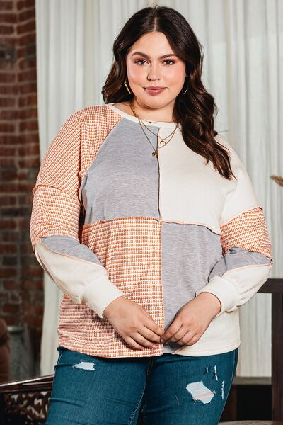 swvws Plus Size Exposed Seam Color Block Round Neck Sweatshirt