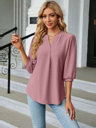 swvws Textured Notched Three-Quarter Sleeve Blouse