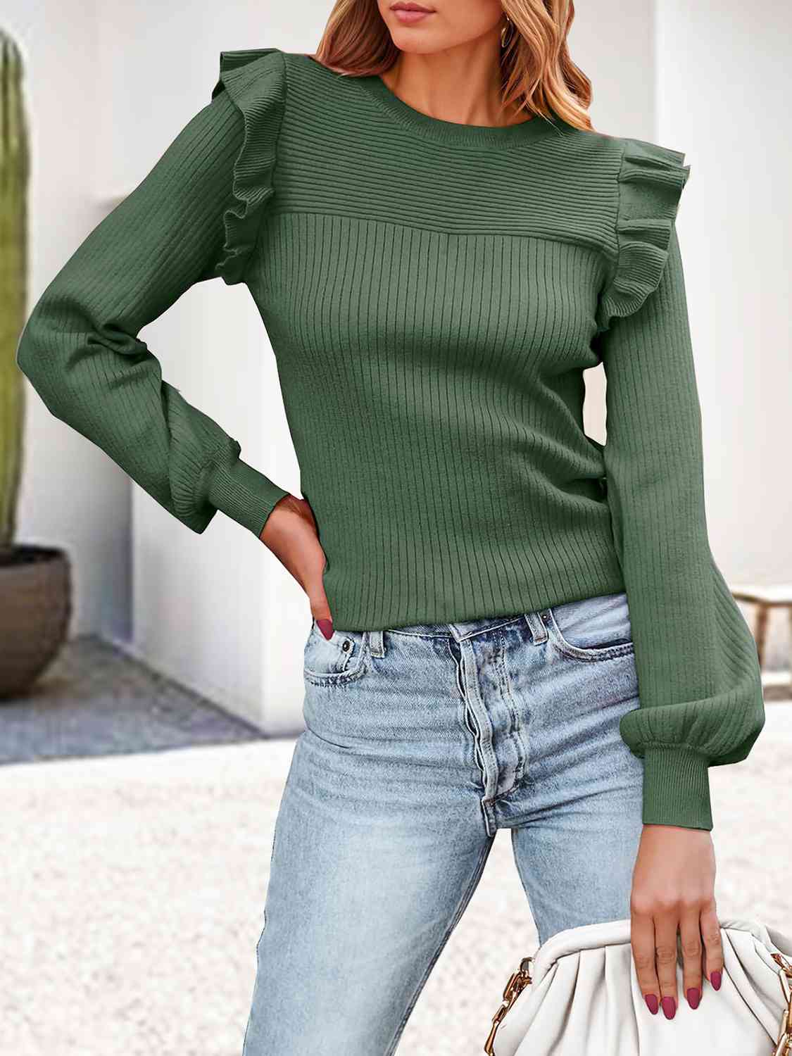 swvws Ribbed Ruffled Round Neck Long Sleeve Knit-Top