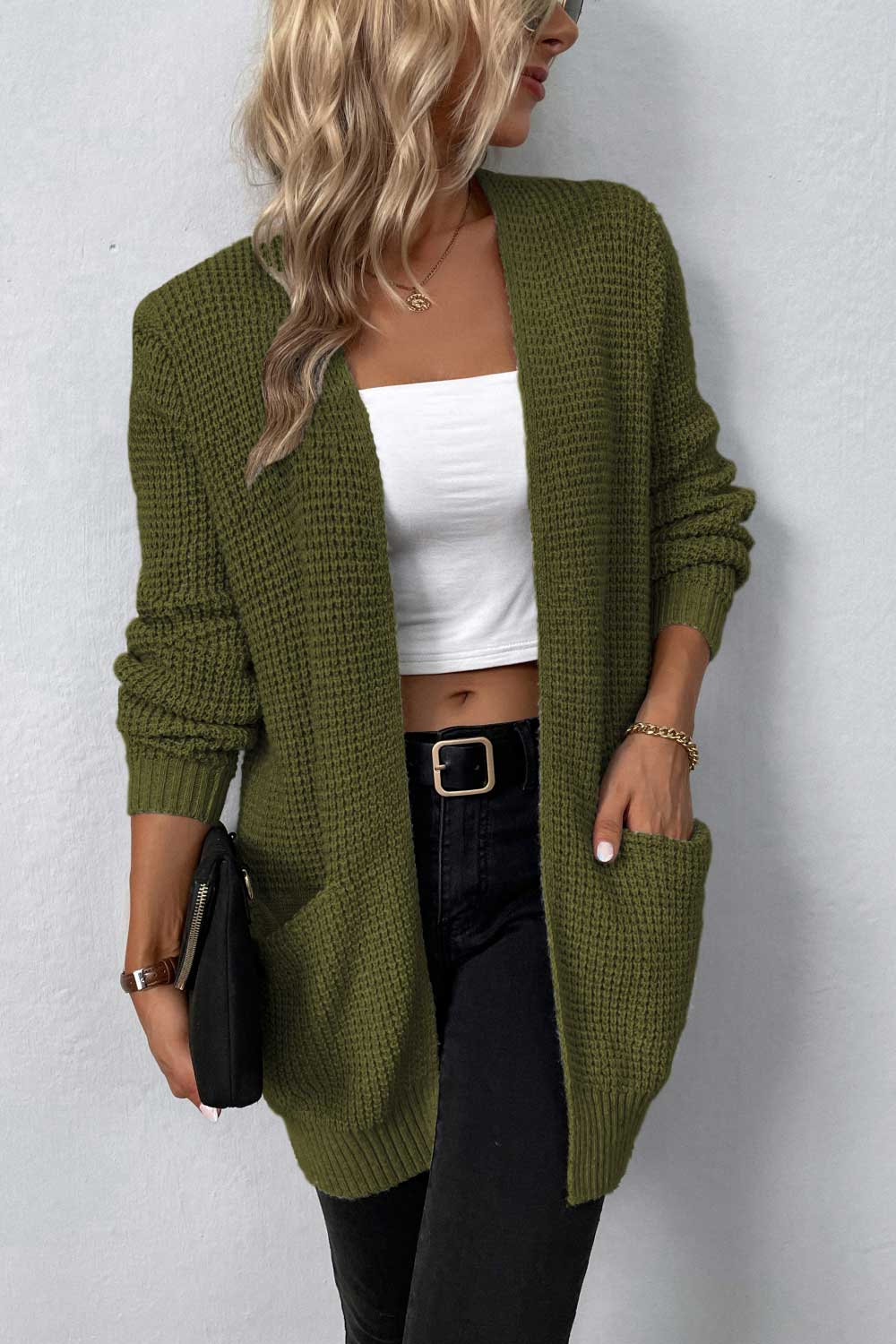 swvws Rib-Knit Open Front Pocketed Cardigan