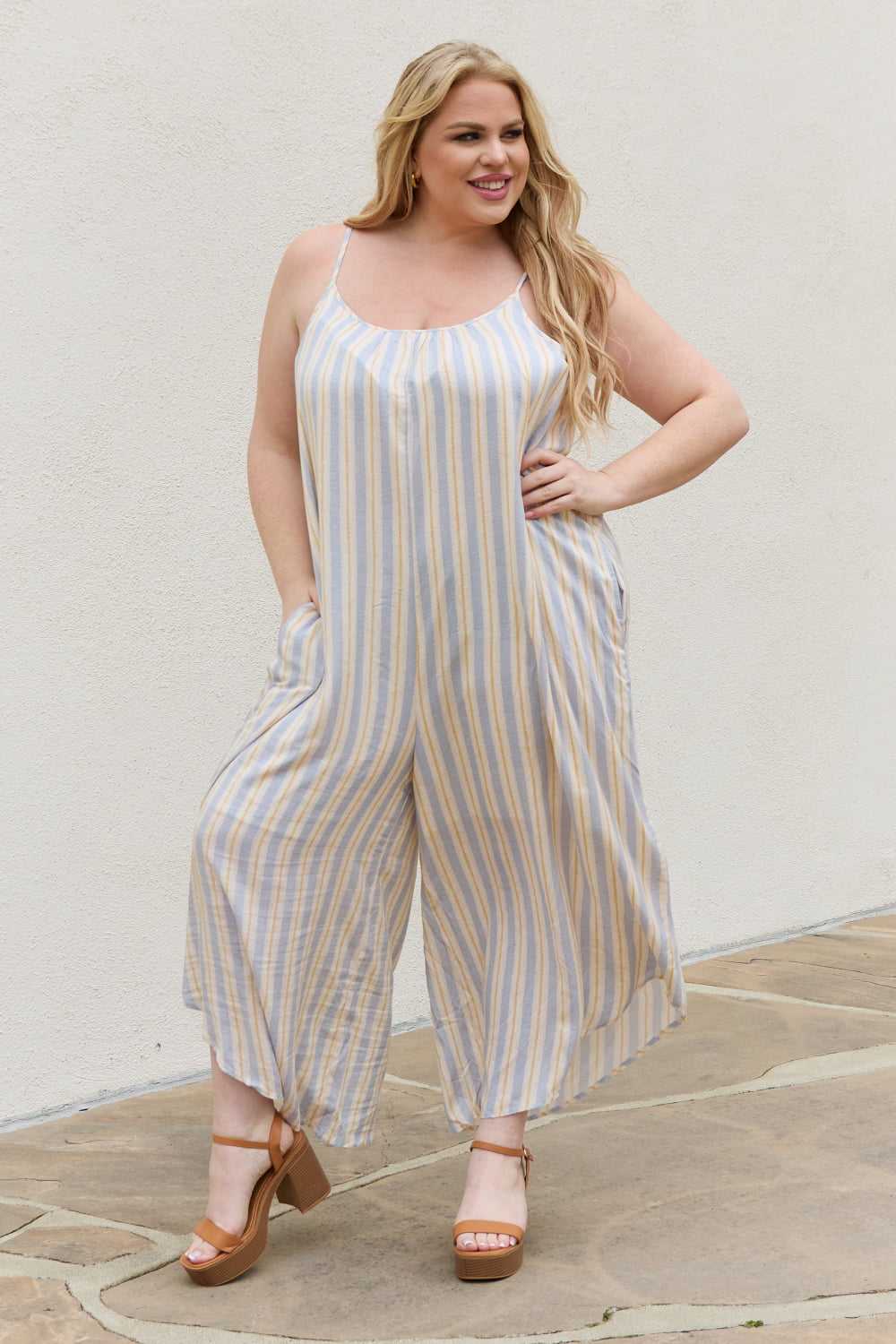 swvws HEYSON Full Size Multi Colored Striped Jumpsuit with Pockets