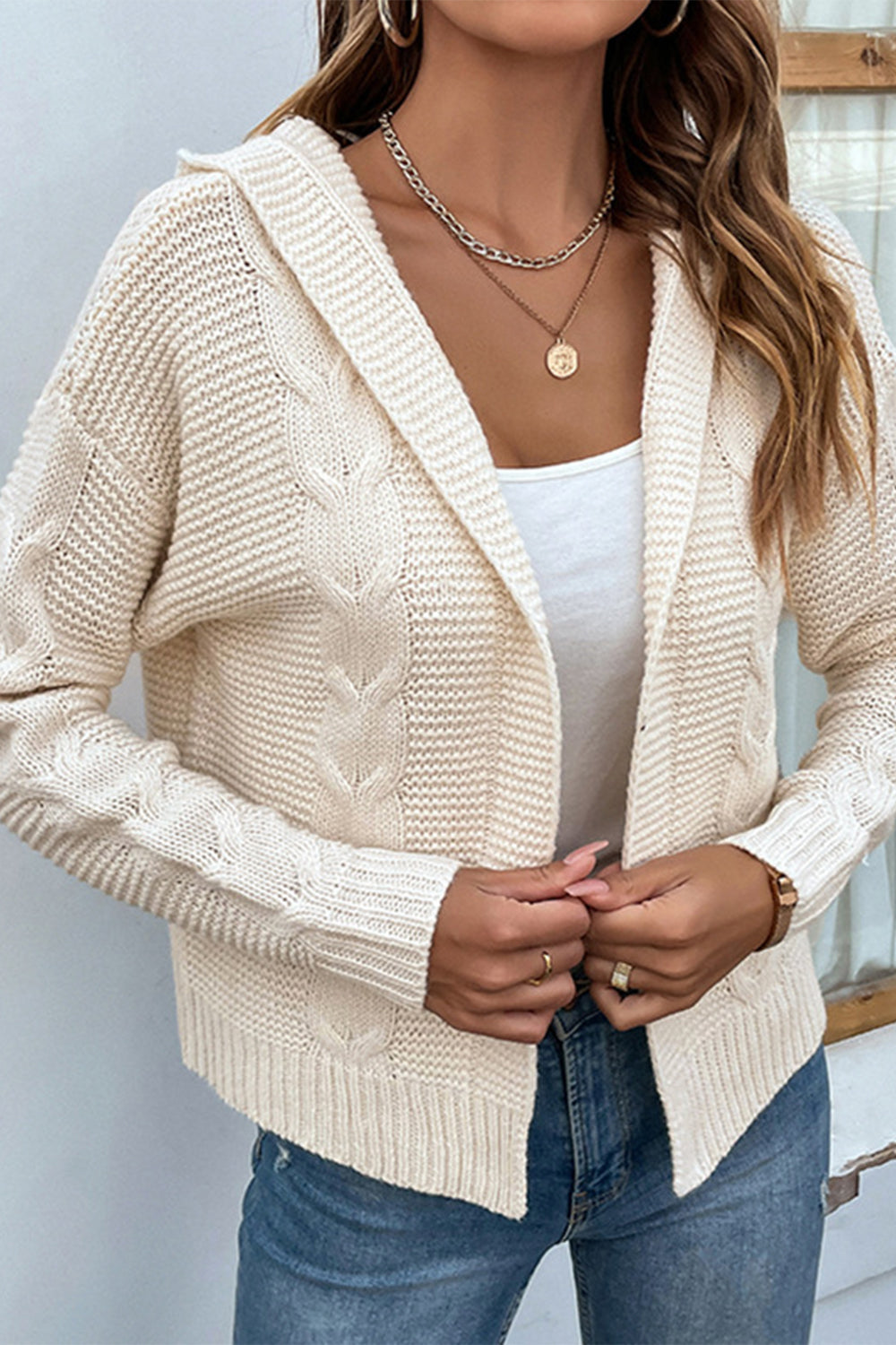 swvws Cable-Knit Dropped Shoulder Hooded Cardigan