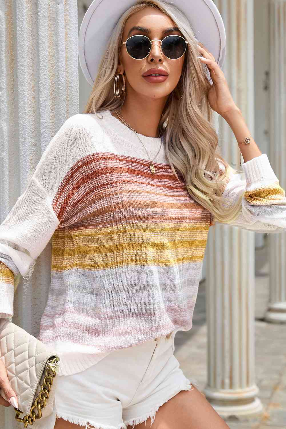 swvws Round Neck Printed Dropped Shoulder Knit Top