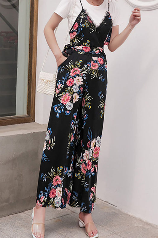 swvws Floral Spaghetti Strap Wide Leg Jumpsuit with Pockets