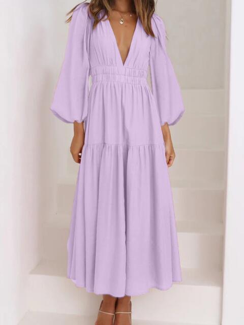 swvws Deep V-Neck Balloon Sleeve Plain Maxi Dress