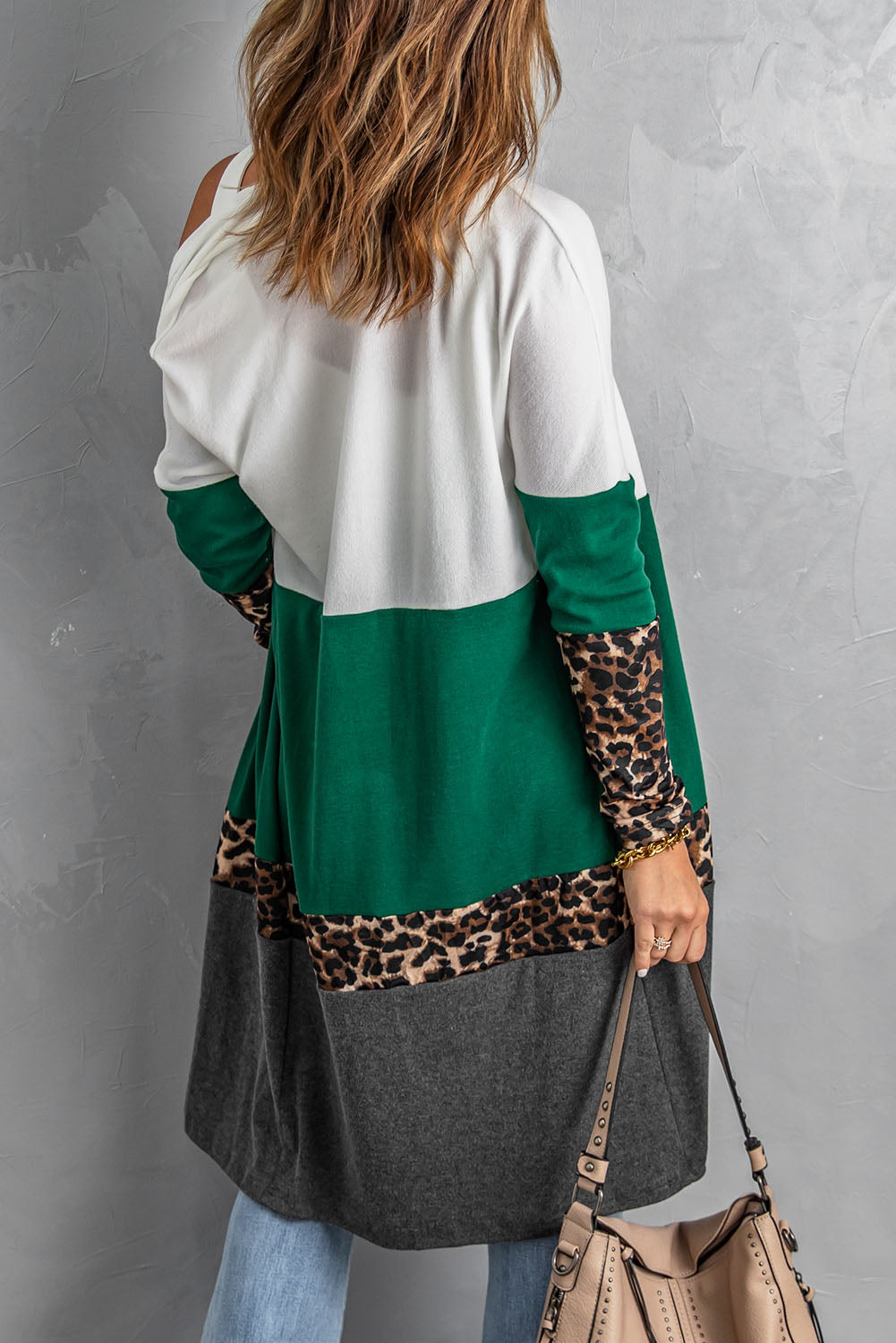 swvws Leopard Color Block Open Front Longline Cardigan