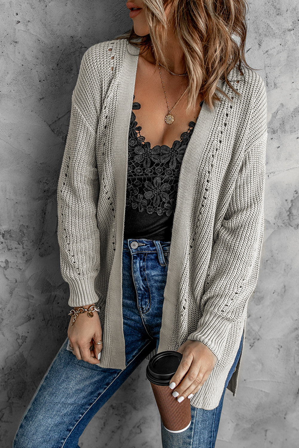 swvws Openwork Rib-Knit Slit Cardigan