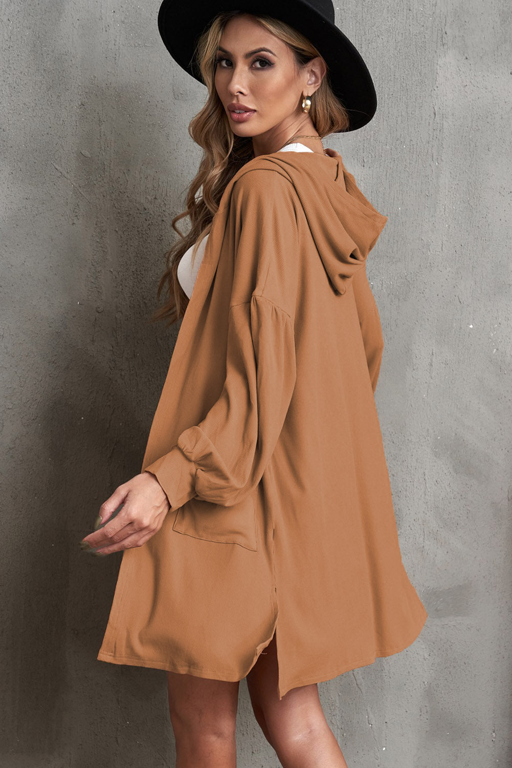 swvws Open Front Hooded Longline Cardigan with Pockets