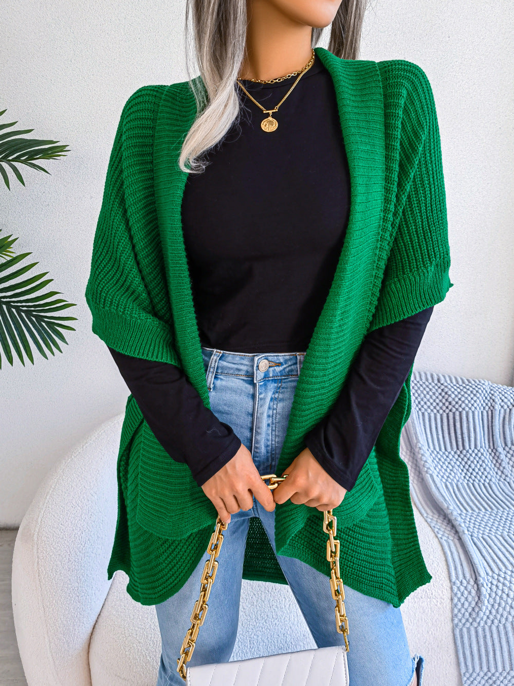 swvws Horizontal Ribbing Open Front Slit Cardigan