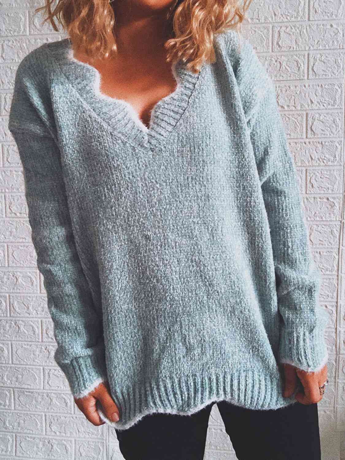 swvws Notched Dropped Shoulder Long Sleeve Sweater