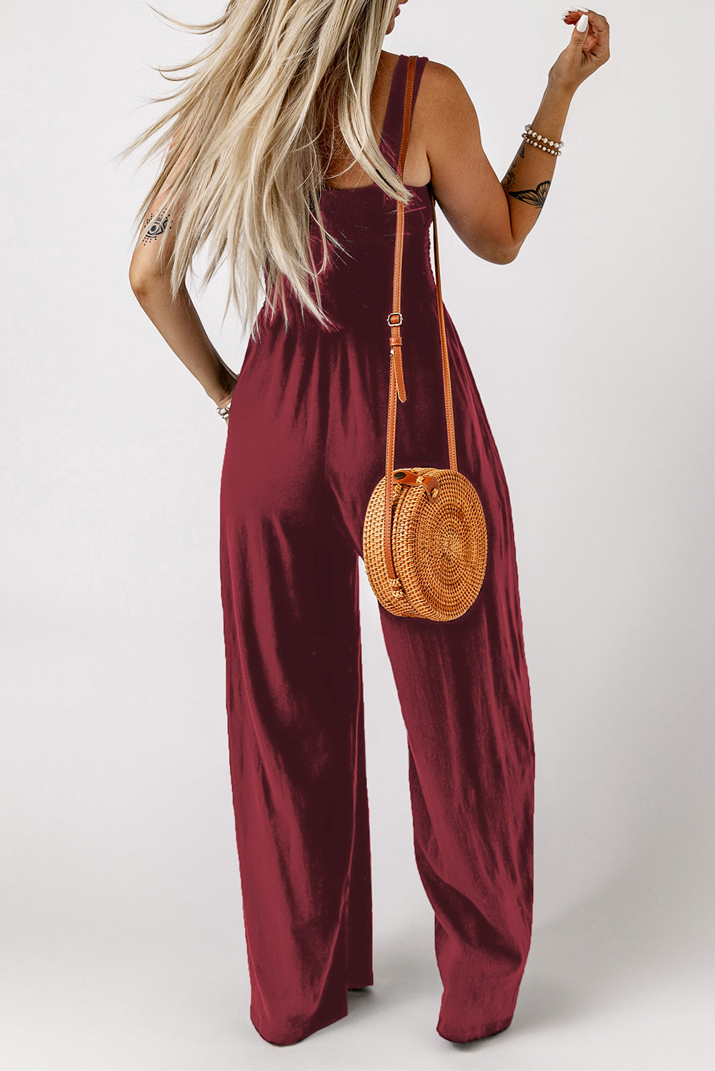 swvws Smocked Square Neck Wide Leg Jumpsuit with Pockets