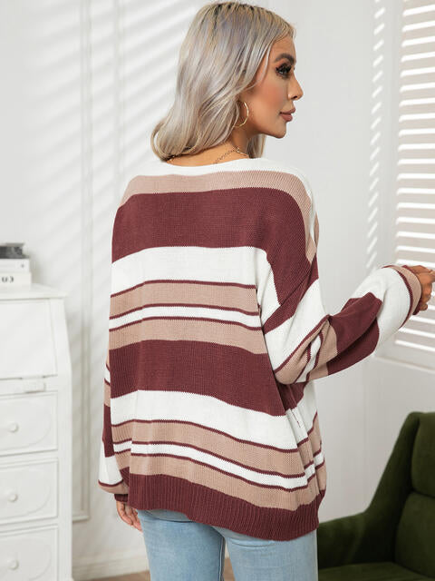 swvws Striped V-Neck Long Sleeve Knit Top