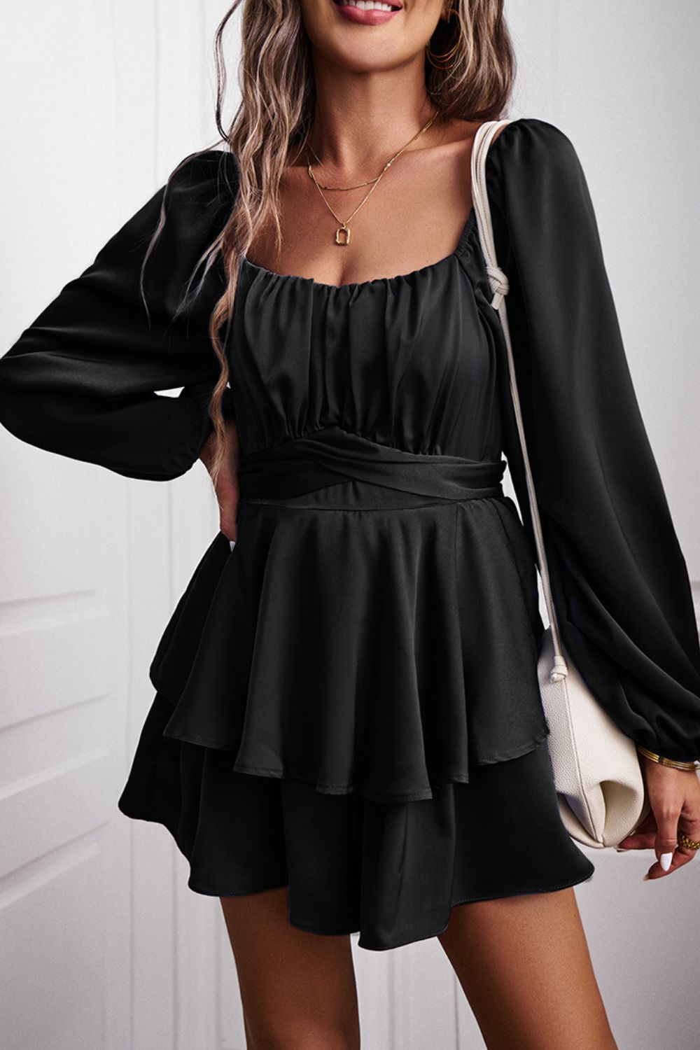 swvws Long Balloon Sleeve Layered Romper