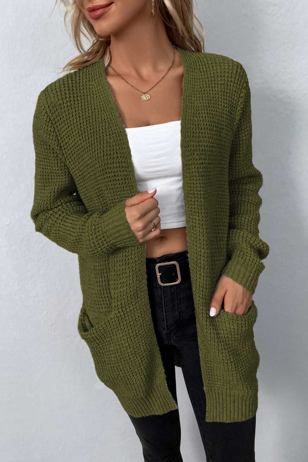 swvws Rib-Knit Open Front Pocketed Cardigan